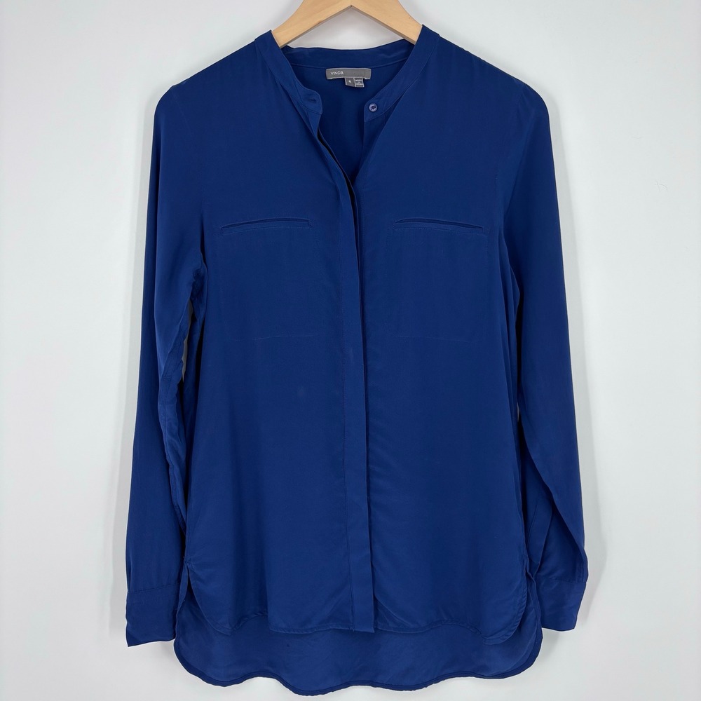 Vince 100% Silk Band Collar Oversized Button Up Blouse Women 6 Royal Blue Shirt